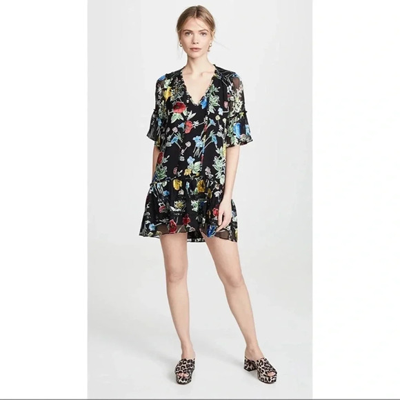 602* Alice + Olivia Pauline Floral Print Ruffle Tunic Mini Dress Size Small - Picture 1 of 8
